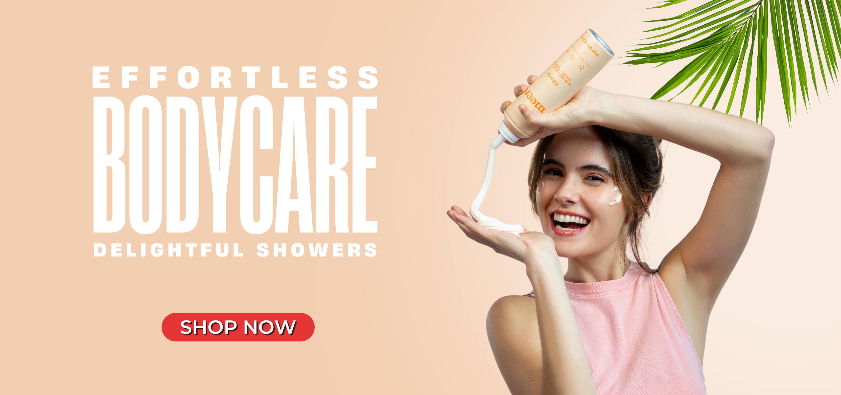 Banner reads: "Effortless bodycare, delightful showers" with an image of a girl spraying her hand while smiling.