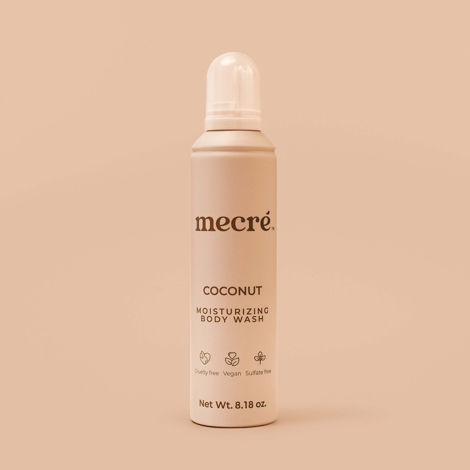 Front view of Mecré moisturizing body wash bottle in coconut scent, featuring a light brown bottle.