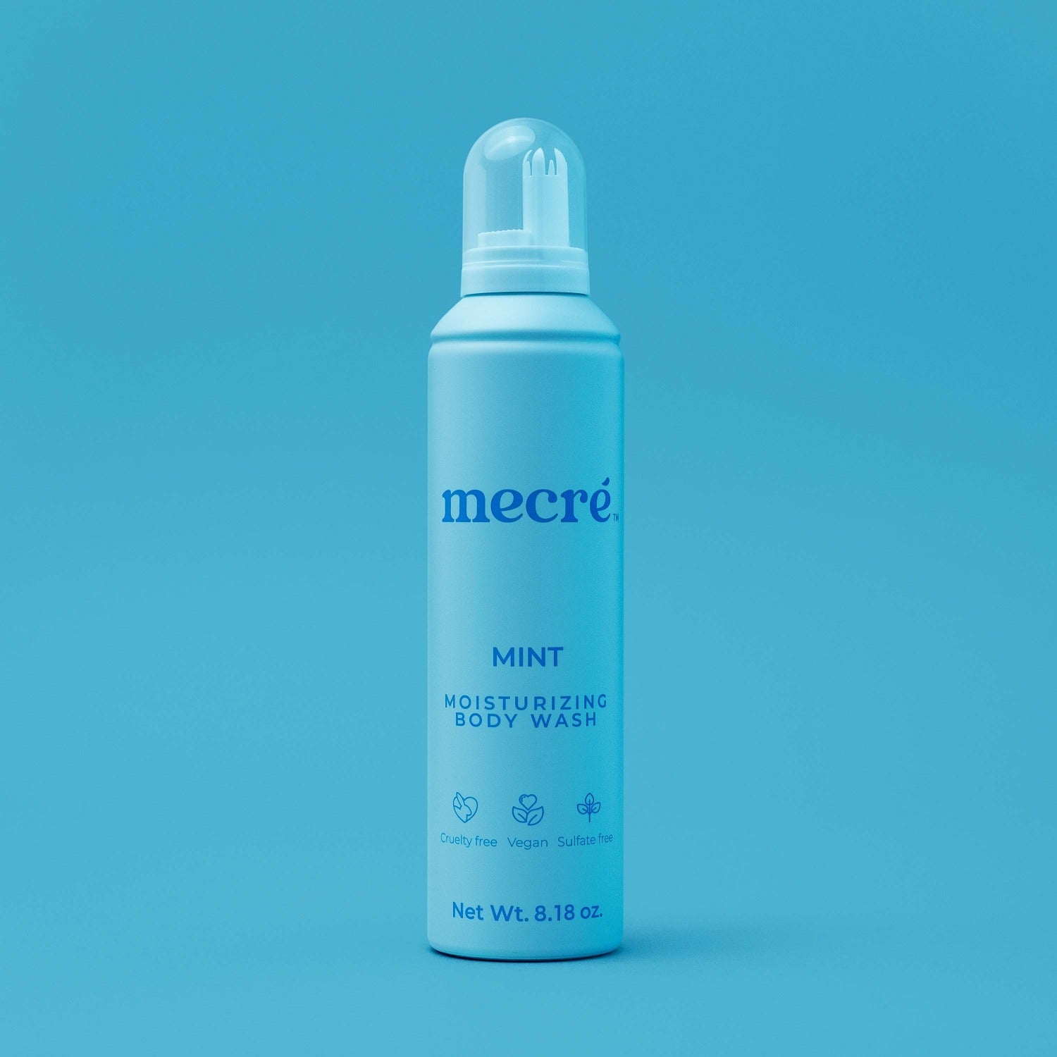 Front view of Mecré moisturizing body wash bottle in mint scent, featuring a blue bottle.
