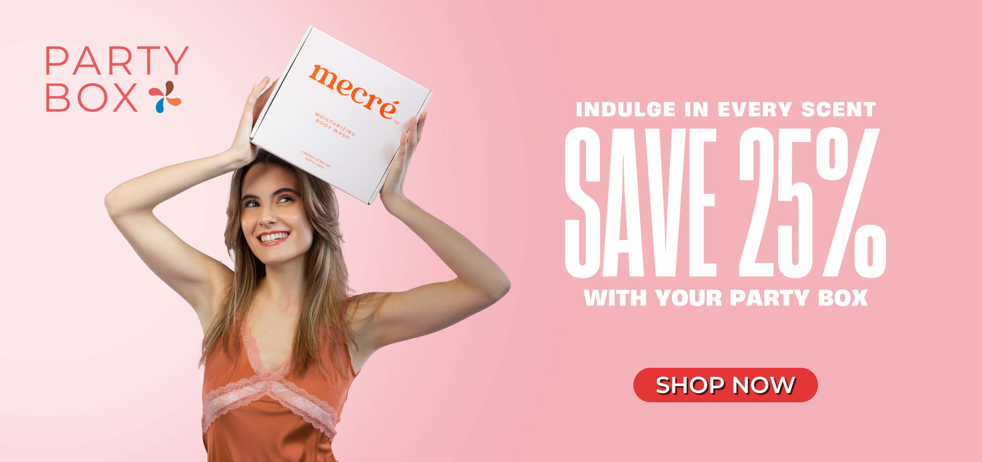 Banner featuring a girl holding the Mecré party box, with a "Shop" button.